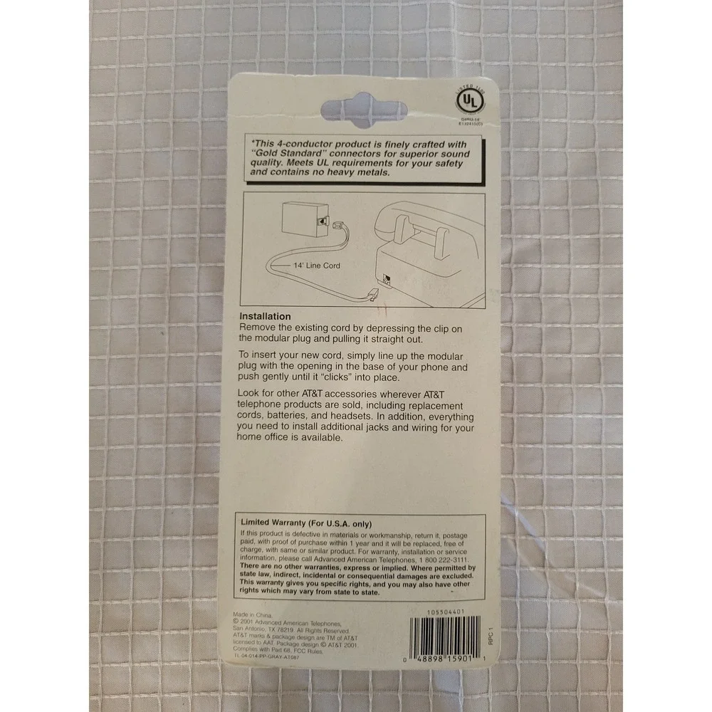 AT&T 14 Foot Telephone Cord Gold Standard Modular RJ11 4-Conductor Tan 15901
